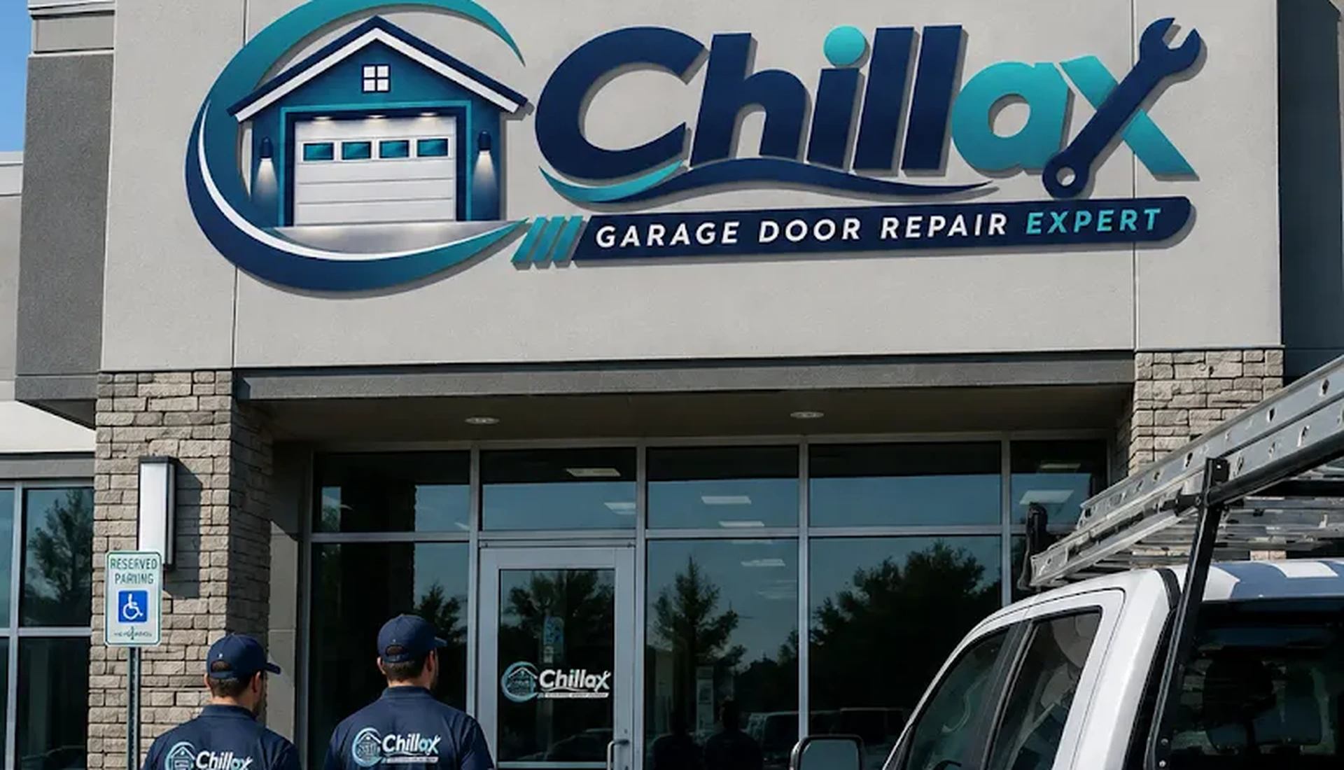 Chillax Garage Door Repair Expert storefront and service vehicle